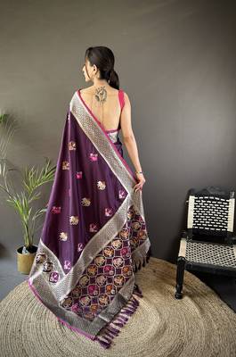 wine soft lichi silk blend elephant & floral motifs minakari work banarasi saree 3