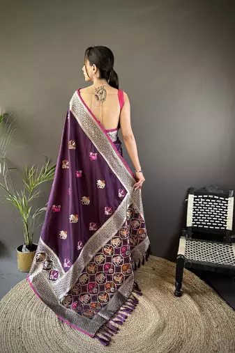 wine soft lichi silk blend elephant & floral motifs minakari work banarasi saree