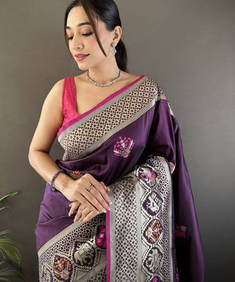 wine soft lichi silk blend elephant & floral motifs minakari work banarasi saree 4