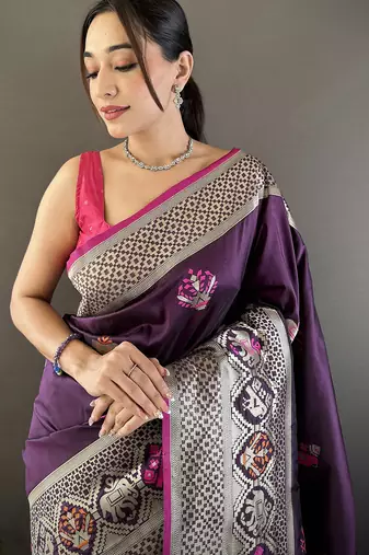 wine soft lichi silk blend elephant & floral motifs minakari work banarasi saree