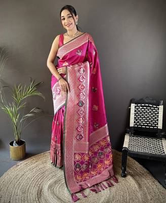 pink soft lichi silk blend elephant & floral motifs minakari work banarasi saree 1