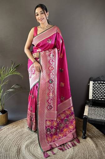 pink soft lichi silk blend elephant & floral motifs minakari work banarasi saree