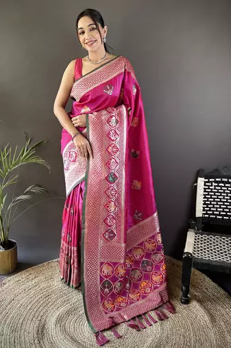 pink soft lichi silk blend elephant & floral motifs minakari work banarasi saree