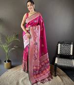 pink soft lichi silk blend elephant & floral motifs minakari work banarasi saree