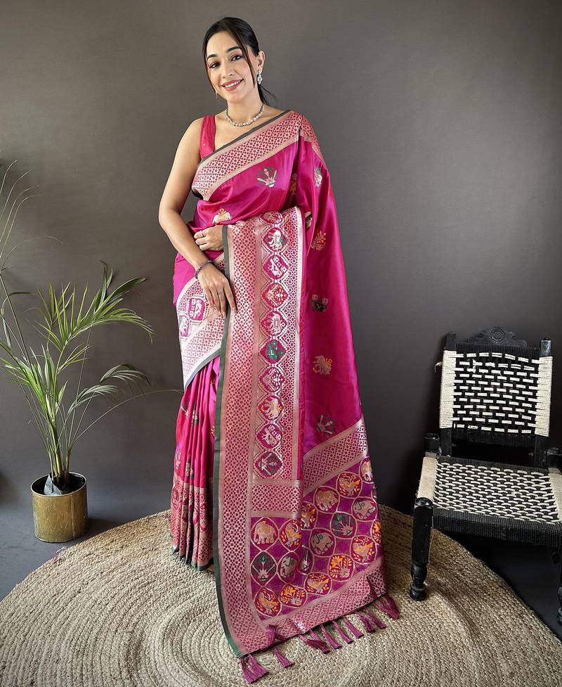 pink soft lichi silk blend elephant & floral motifs minakari work banarasi saree