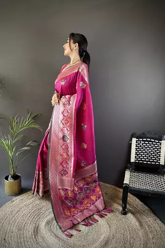 pink soft lichi silk blend elephant & floral motifs minakari work banarasi saree