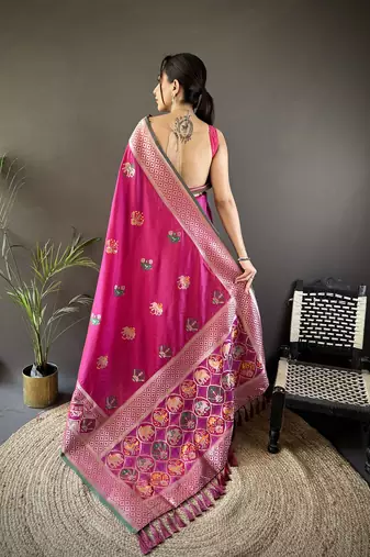 pink soft lichi silk blend elephant & floral motifs minakari work banarasi saree