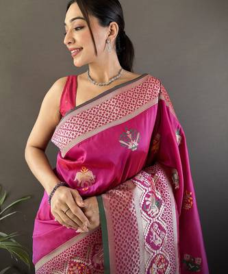 pink soft lichi silk blend elephant & floral motifs minakari work banarasi saree 5