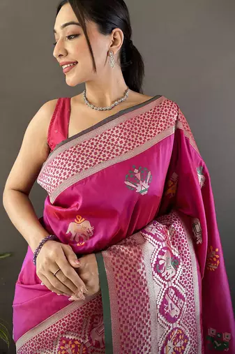 pink soft lichi silk blend elephant & floral motifs minakari work banarasi saree