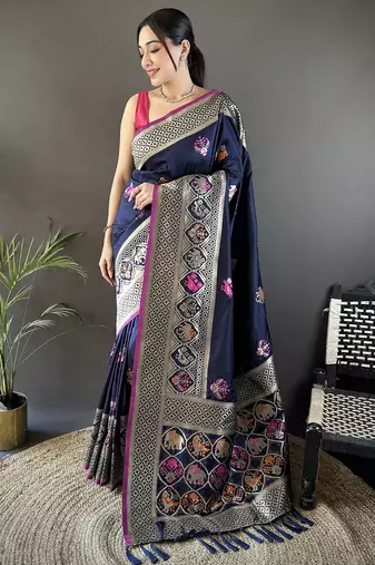 navy blue soft lichi silk blend elephant & floral motifs minakari work banarasi saree