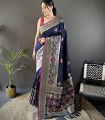 navy blue soft lichi silk blend elephant & floral motifs minakari work banarasi saree