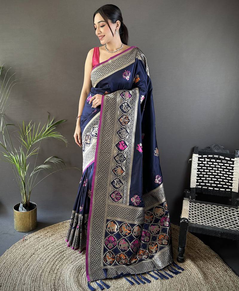 navy blue soft lichi silk blend elephant & floral motifs minakari work banarasi saree