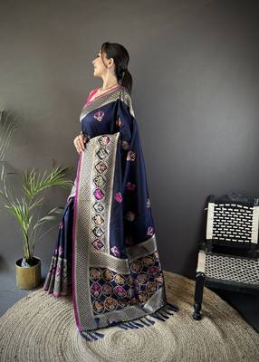 navy blue soft lichi silk blend elephant & floral motifs minakari work banarasi saree 2