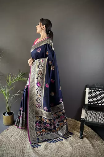 navy blue soft lichi silk blend elephant & floral motifs minakari work banarasi saree