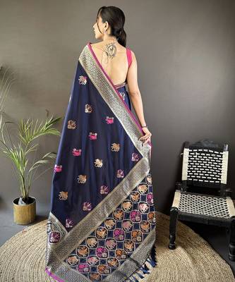 navy blue soft lichi silk blend elephant & floral motifs minakari work banarasi saree 3