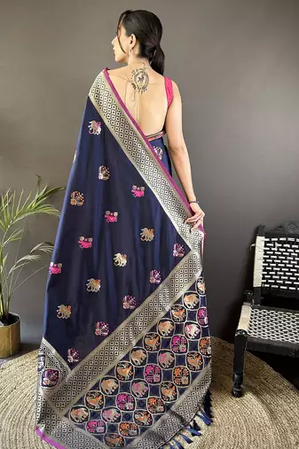 navy blue soft lichi silk blend elephant & floral motifs minakari work banarasi saree