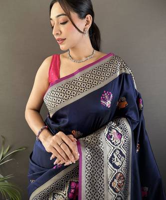 navy blue soft lichi silk blend elephant & floral motifs minakari work banarasi saree 4
