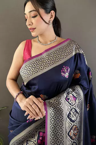 navy blue soft lichi silk blend elephant & floral motifs minakari work banarasi saree