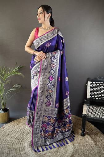 royal blue soft lichi silk blend elephant & floral motifs minakari work banarasi saree