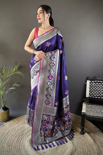 royal blue soft lichi silk blend elephant & floral motifs minakari work banarasi saree