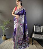 royal blue soft lichi silk blend elephant & floral motifs minakari work banarasi saree