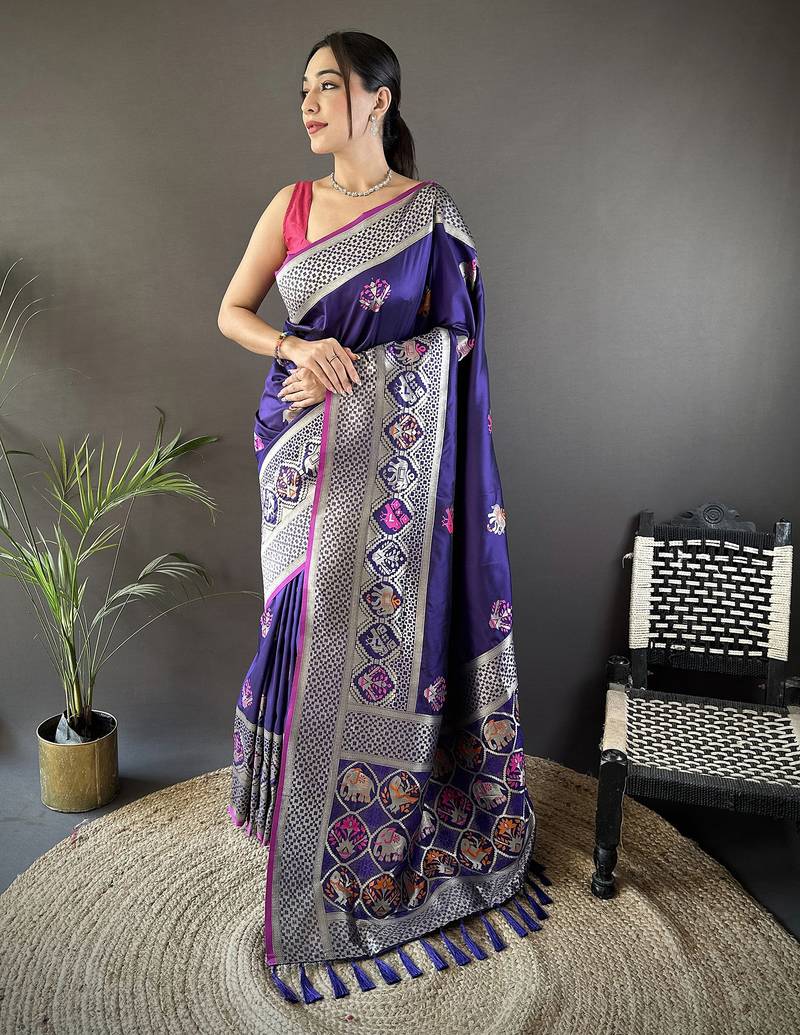 royal blue soft lichi silk blend elephant & floral motifs minakari work banarasi saree