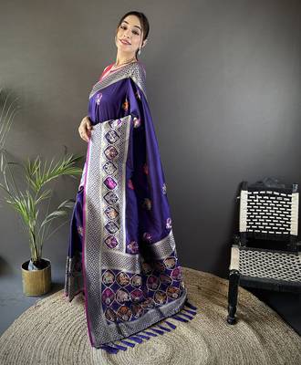 royal blue soft lichi silk blend elephant & floral motifs minakari work banarasi saree 2