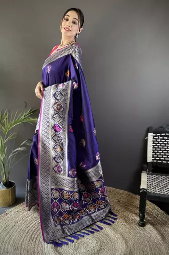 royal blue soft lichi silk blend elephant & floral motifs minakari work banarasi saree