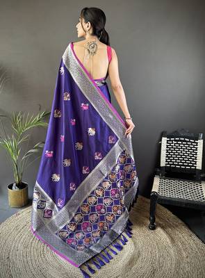 royal blue soft lichi silk blend elephant & floral motifs minakari work banarasi saree 3