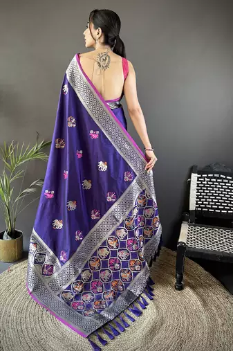 royal blue soft lichi silk blend elephant & floral motifs minakari work banarasi saree