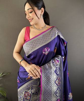 royal blue soft lichi silk blend elephant & floral motifs minakari work banarasi saree 4
