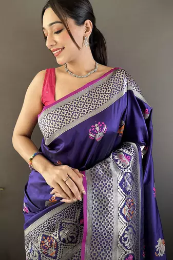 royal blue soft lichi silk blend elephant & floral motifs minakari work banarasi saree
