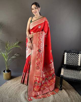 red soft lichi silk blend elephant & floral motifs minakari work banarasi saree 1