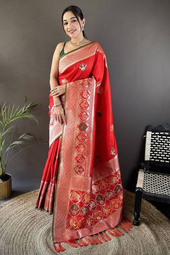 red soft lichi silk blend elephant & floral motifs minakari work banarasi saree