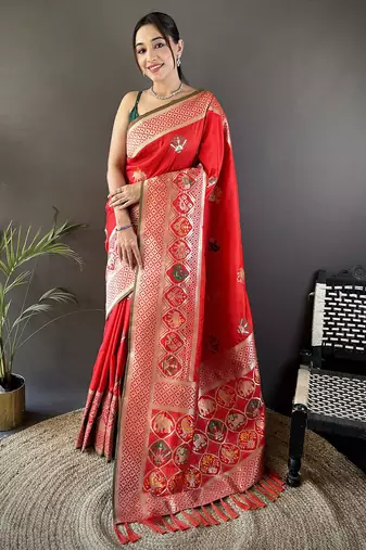 red soft lichi silk blend elephant & floral motifs minakari work banarasi saree