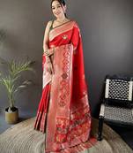 red soft lichi silk blend elephant & floral motifs minakari work banarasi saree