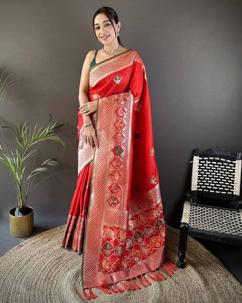 red soft lichi silk blend elephant & floral motifs minakari work banarasi saree