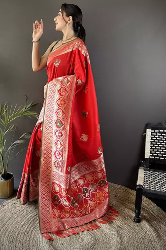 red soft lichi silk blend elephant & floral motifs minakari work banarasi saree