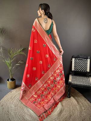 red soft lichi silk blend elephant & floral motifs minakari work banarasi saree 3