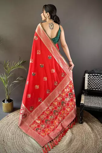 red soft lichi silk blend elephant & floral motifs minakari work banarasi saree