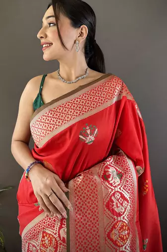 red soft lichi silk blend elephant & floral motifs minakari work banarasi saree