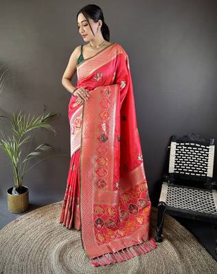 peach soft lichi silk blend elephant & floral motifs minakari work banarasi saree 1