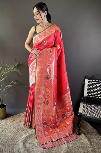 peach soft lichi silk blend elephant & floral motifs minakari work banarasi saree