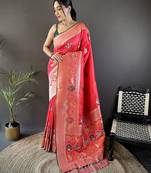 peach soft lichi silk blend elephant & floral motifs minakari work banarasi saree
