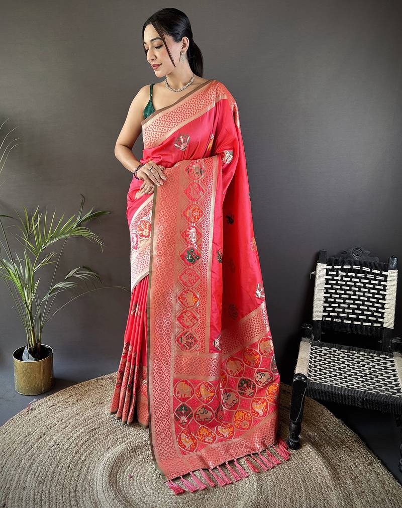 peach soft lichi silk blend elephant & floral motifs minakari work banarasi saree