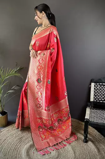 peach soft lichi silk blend elephant & floral motifs minakari work banarasi saree