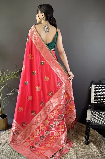 peach soft lichi silk blend elephant & floral motifs minakari work banarasi saree