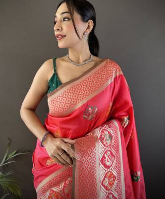 peach soft lichi silk blend elephant & floral motifs minakari work banarasi saree 4