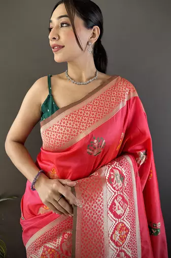 peach soft lichi silk blend elephant & floral motifs minakari work banarasi saree