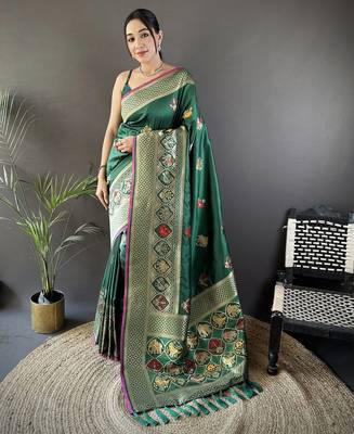 green soft lichi silk blend elephant & floral motifs minakari work banarasi saree 1